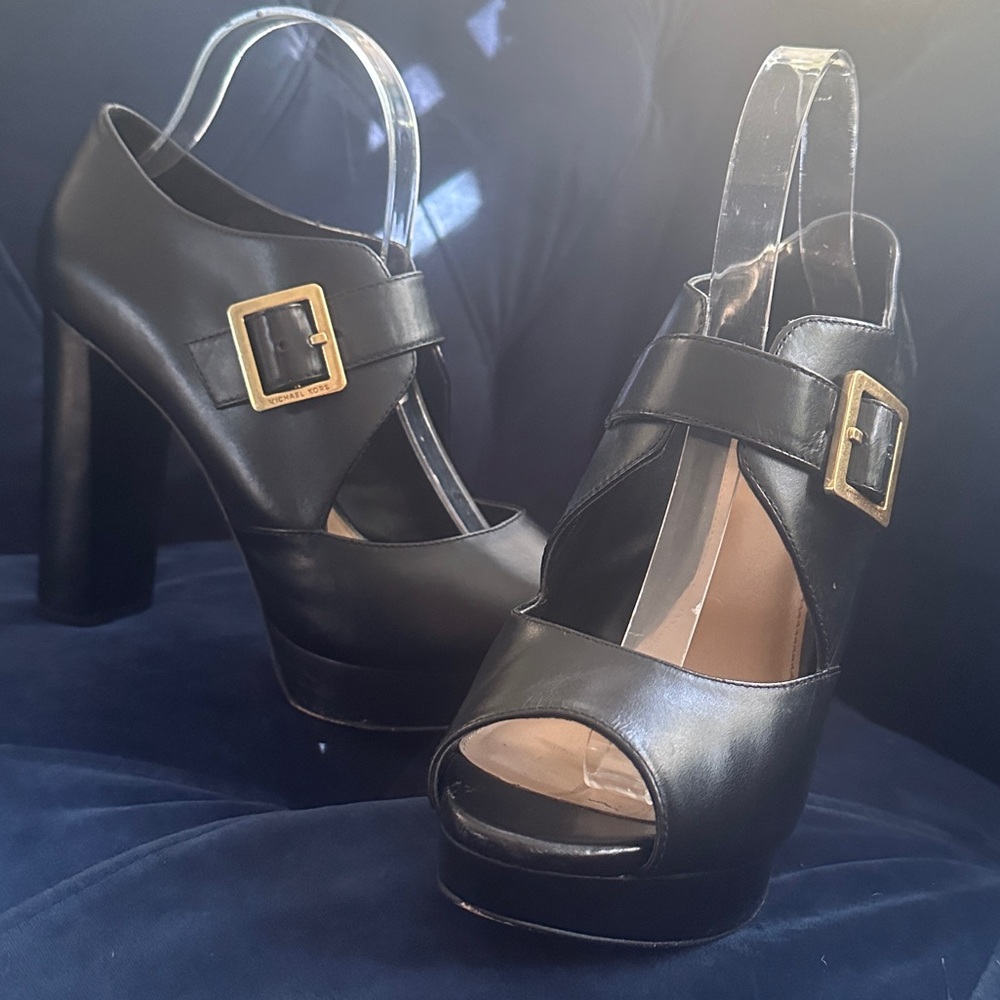 Michael Kors Eleni Black Leather Peeptoe Platform 4.5” Block Heel sz9.5 EUC